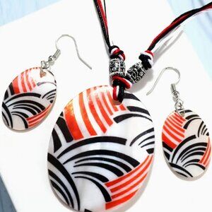 IMPRESSIONIST PAINTING BOHO PENDANT NECKLACE & DROP EARRING 3PC SET